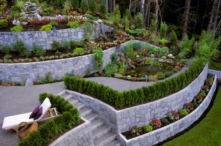 A garden with many steps and plants